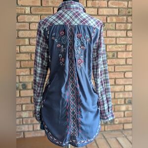 Kyla Seo Embroidered Floral & Plaid Button-Up Shirt Anthropologie